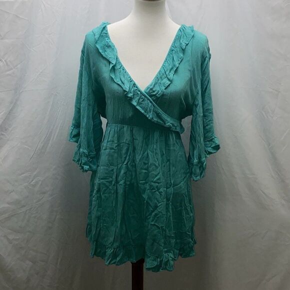 Roxy Second Look Dress Sz L Turquoise Blue coastal cowgirl boho gauze - Picture 3 of 11
